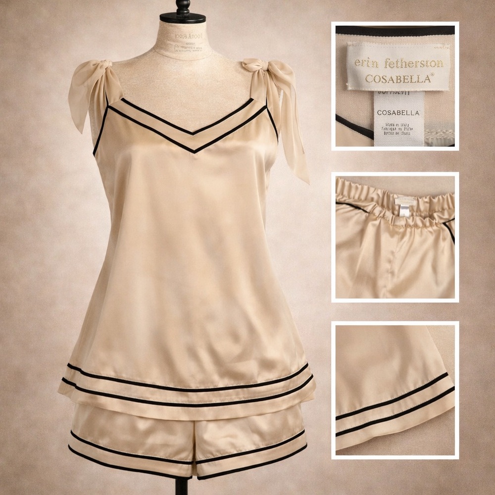 Cosabella Cream Satin Two-Piece Pajama Set with Black Trim